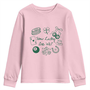 How Lucky Are We Youth Sweatshirt Irish Shamrock Horseshoe St Patricks Day TS14 Light Pink Print Your Wear