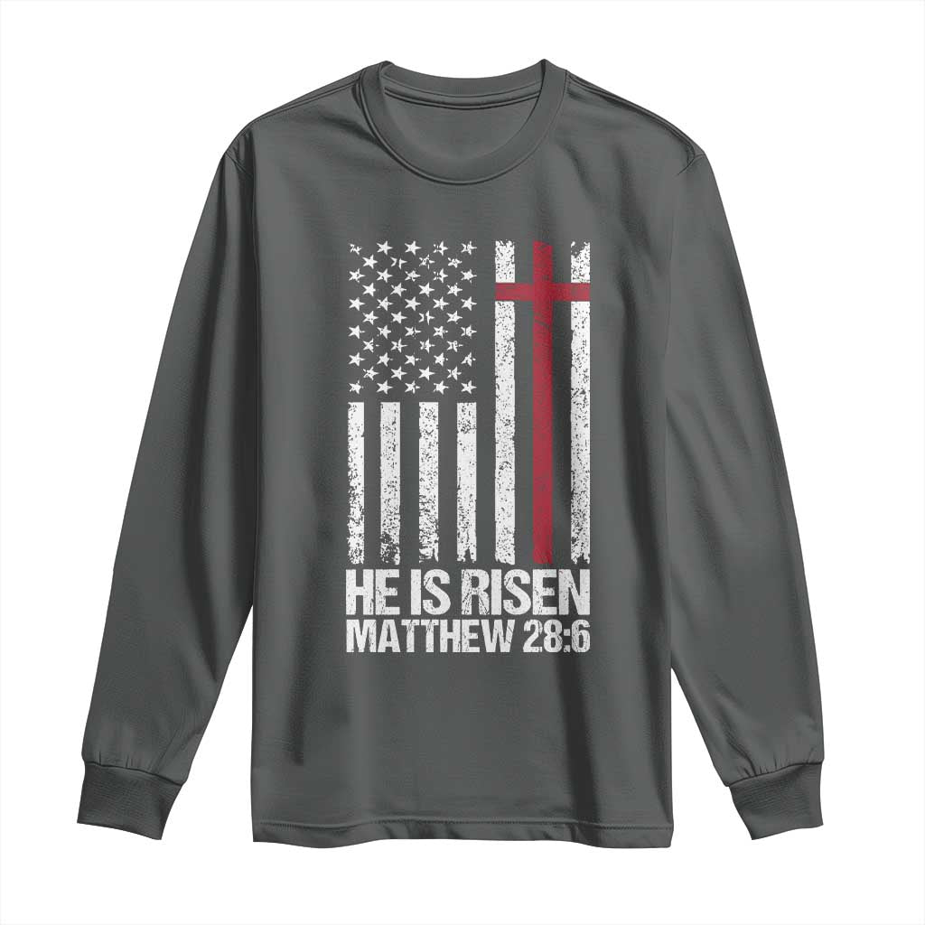 He Is Rise Long Sleeve Shirt Christian American Flag Easter Bible Verse TS14 Dark Heather Print Your Wear