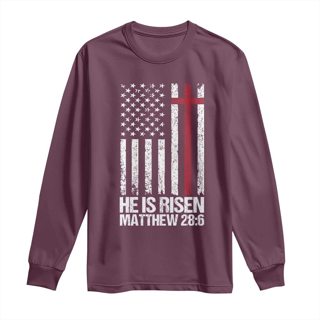 He Is Rise Long Sleeve Shirt Christian American Flag Easter Bible Verse TS14 Maroon Print Your Wear