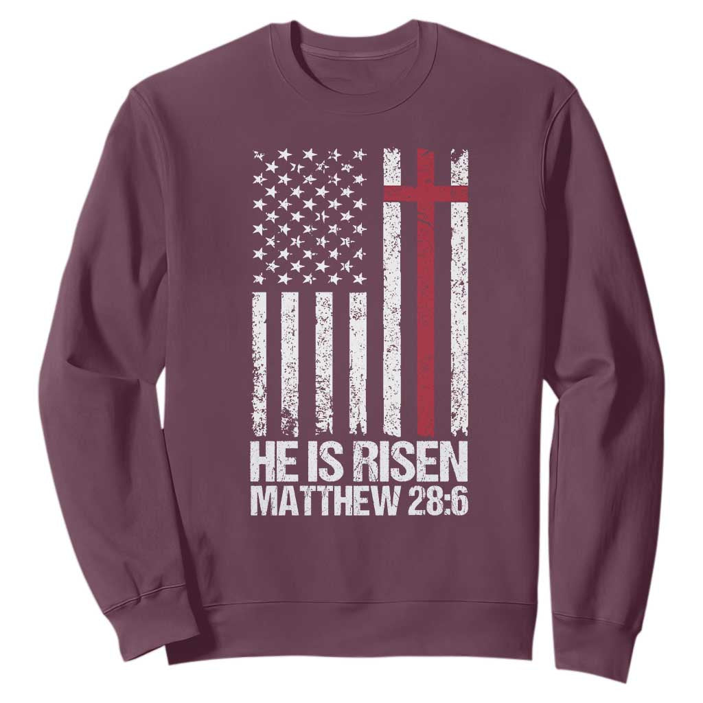 He Is Rise Sweatshirt Christian American Flag Easter Bible Verse TS14 Maroon Print Your Wear