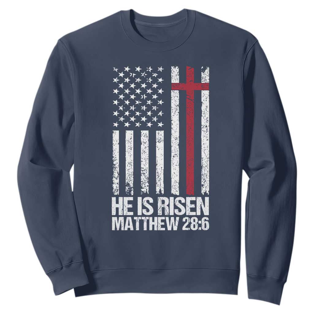 He Is Rise Sweatshirt Christian American Flag Easter Bible Verse TS14 Navy Print Your Wear
