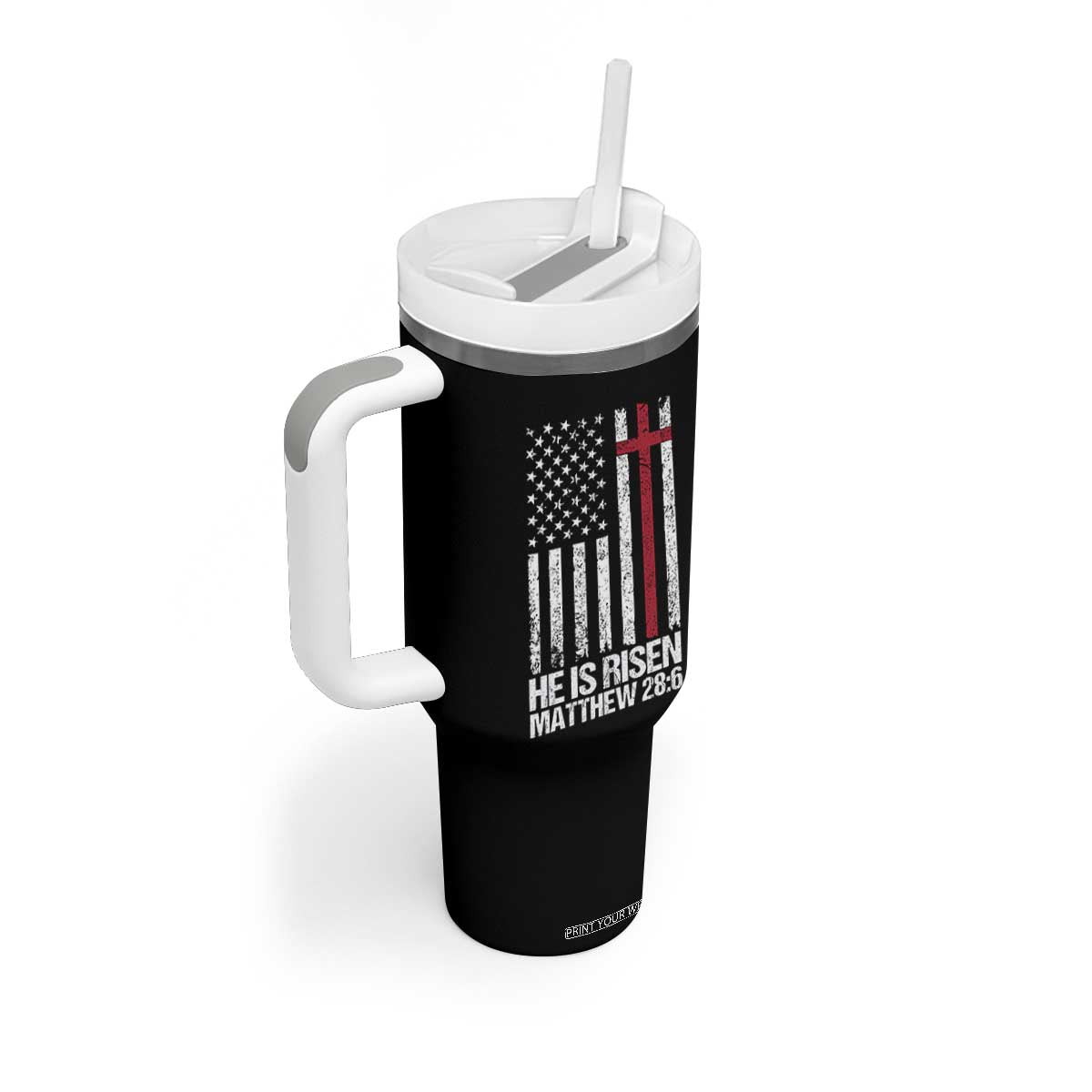 He Is Rise Tumbler With Handle Christian American Flag Easter Bible Verse TS14 Print Your Wear