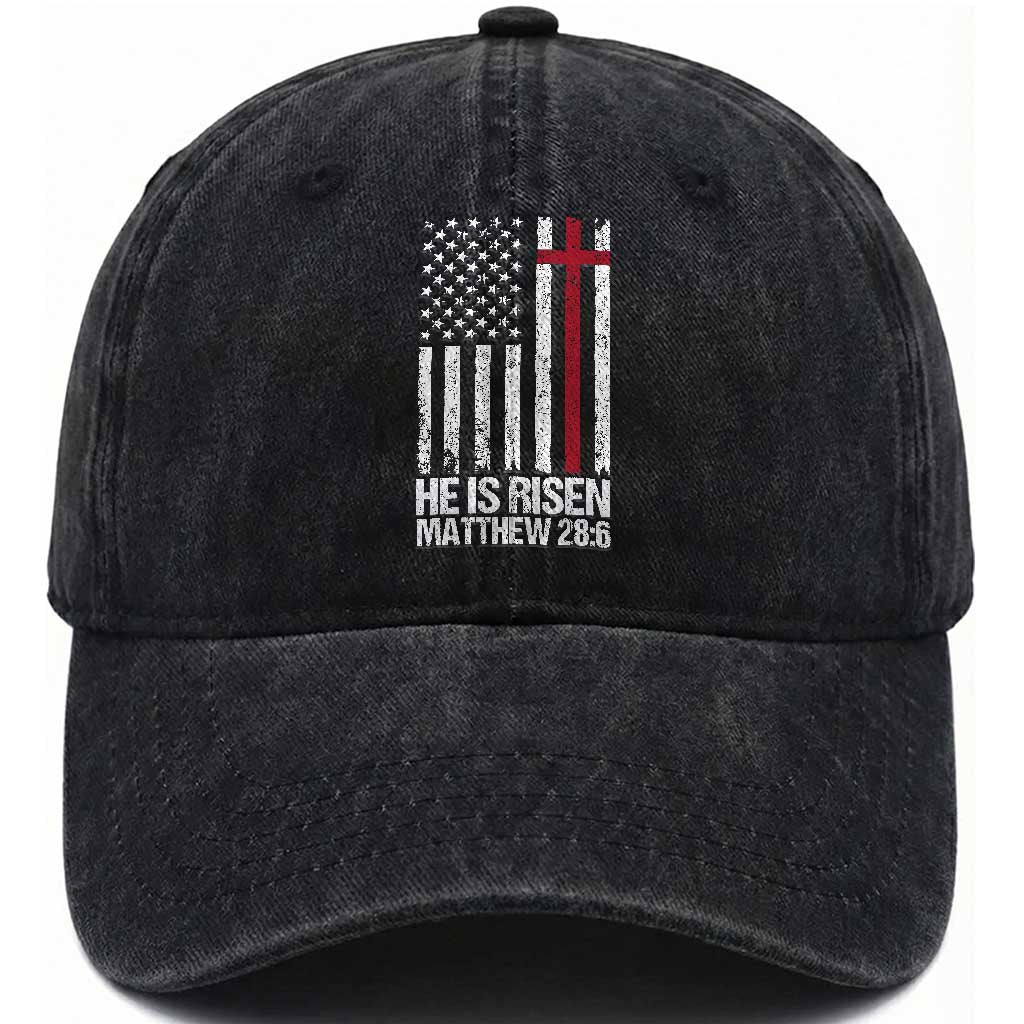 He Is Rise Washed Cotton Baseball Cap Christian American Flag Easter Bible Verse TS14 Washed Cap Universal Fit Black Print Your Wear