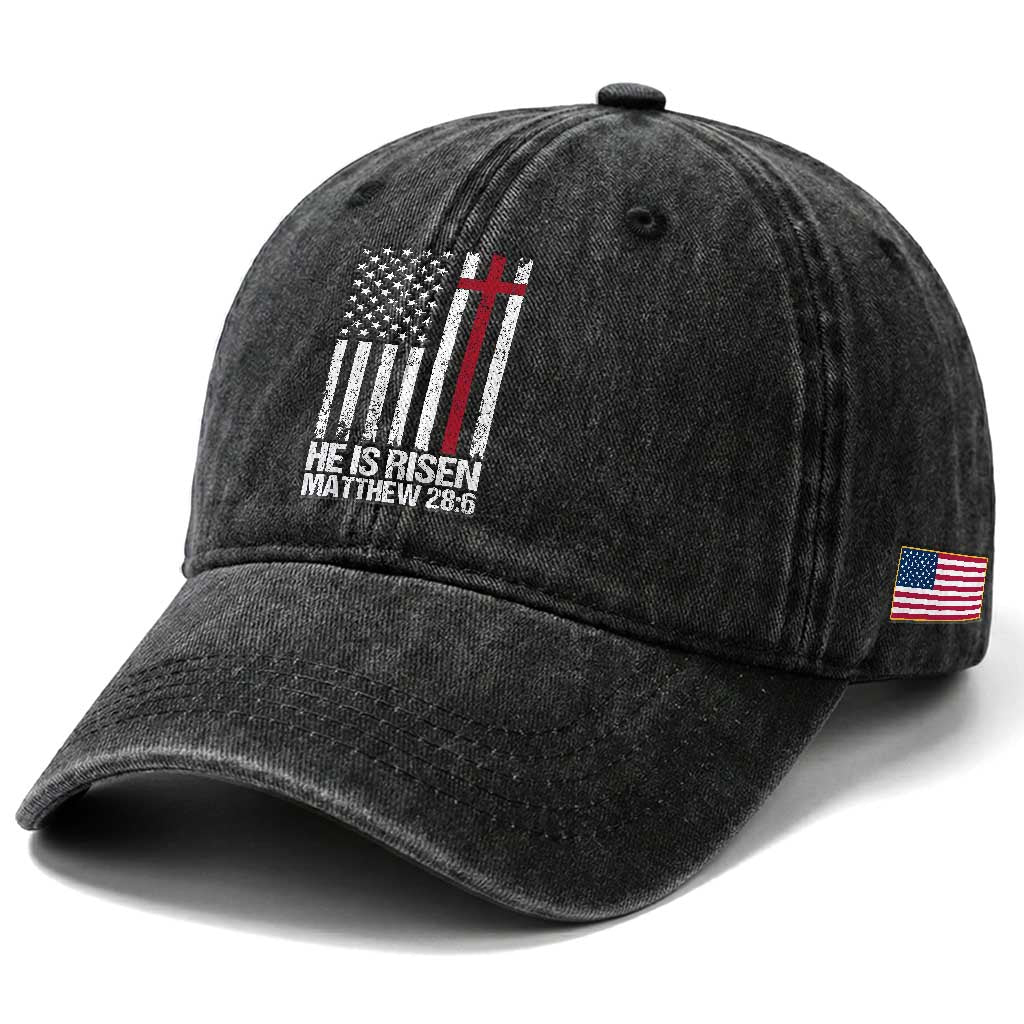 He Is Rise Washed Cotton Baseball Cap Christian American Flag Easter Bible Verse TS14 Print Your Wear