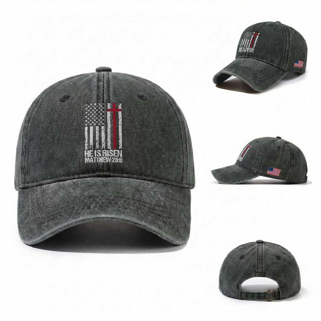He Is Rise Washed Cotton Baseball Cap Christian American Flag Easter Bible Verse TS14 Washed Cap Universal Fit Dark Green Print Your Wear