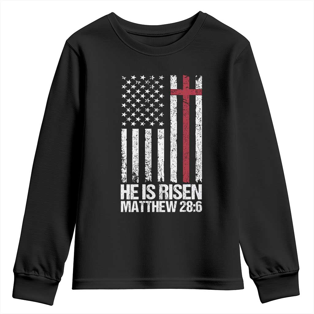 He Is Rise Youth Sweatshirt Christian American Flag Easter Bible Verse TS14 Black Print Your Wear