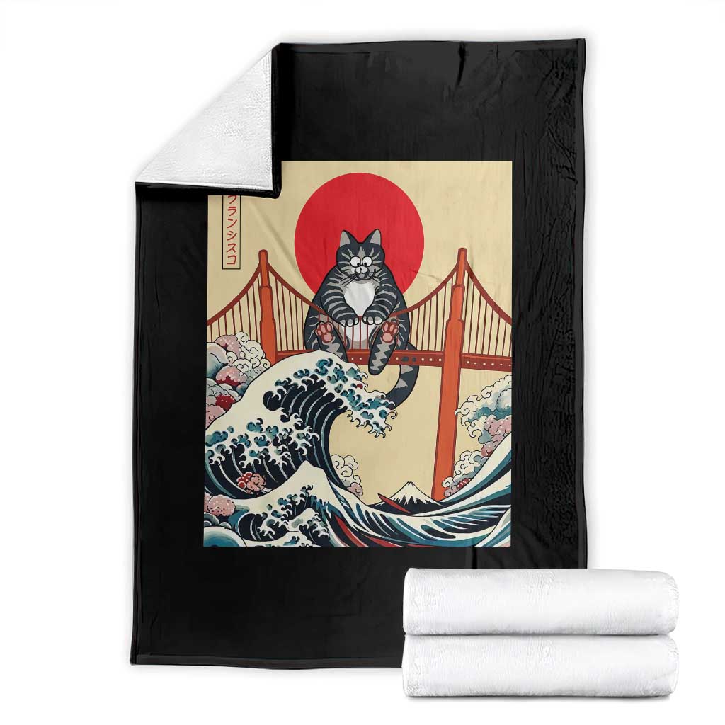 San Francisco Cat Throw Blanket Vintage Japanese Anime Kawaii Cat Sunset TS14 Black Print Your Wear