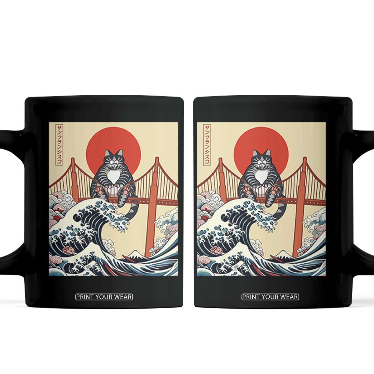 San Francisco Cat Coffee Mug Vintage Japanese Anime Kawaii Cat Sunset TS14 Black Print Your Wear