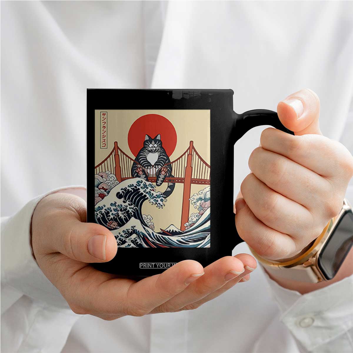 San Francisco Cat Coffee Mug Vintage Japanese Anime Kawaii Cat Sunset TS14 Print Your Wear