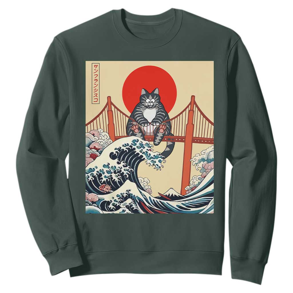 San Francisco Cat Sweatshirt Vintage Japanese Anime Kawaii Cat Sunset TS14 Dark Forest Green Print Your Wear