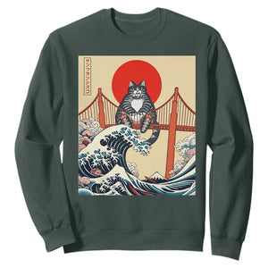 San Francisco Cat Sweatshirt Vintage Japanese Anime Kawaii Cat Sunset TS14 Dark Forest Green Print Your Wear