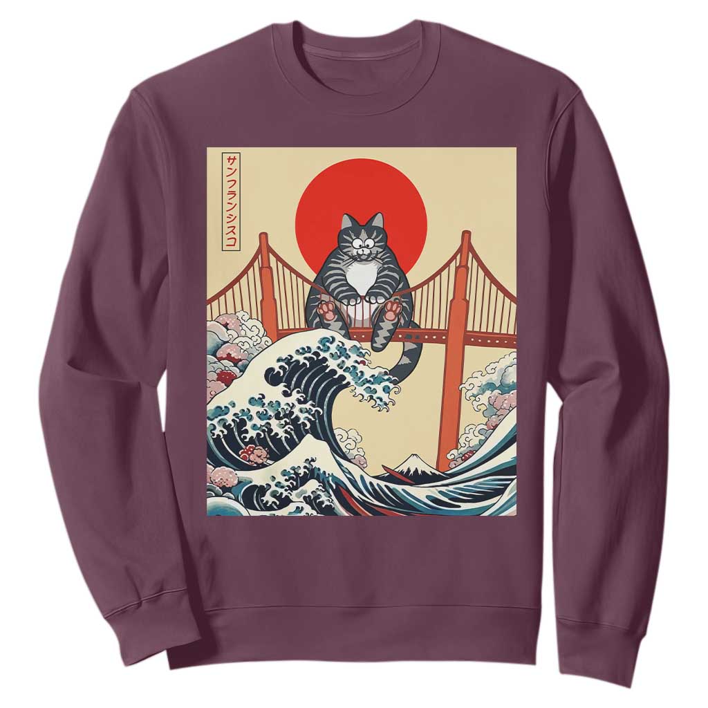 San Francisco Cat Sweatshirt Vintage Japanese Anime Kawaii Cat Sunset TS14 Maroon Print Your Wear
