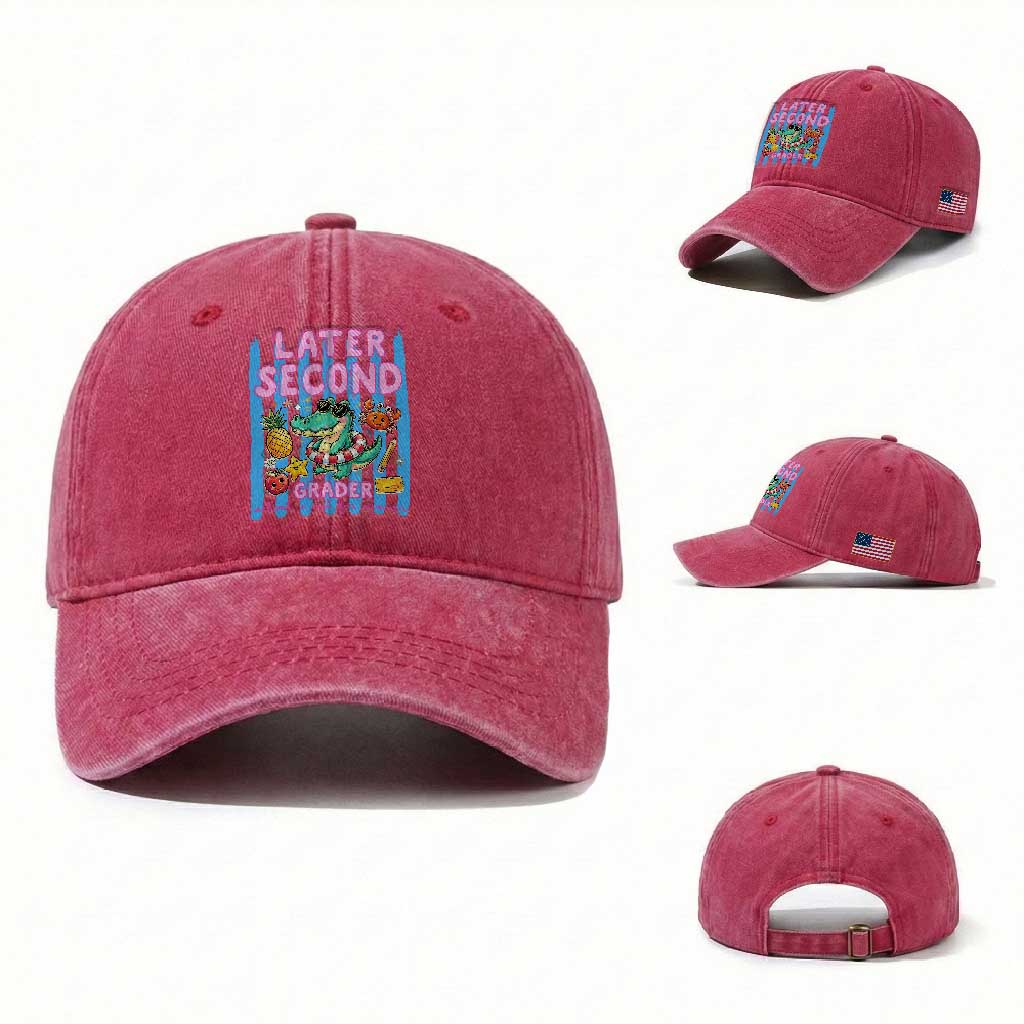 Later Second Grader School's Out For Summer Washed Cotton Baseball Cap Last Day Of School Later Gator Alligator TS14 Washed Cap Universal Fit Red Print Your Wear