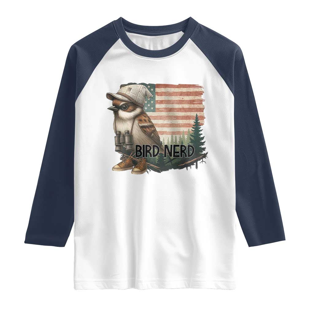 Bird Nerd Raglan Shirt Funny Bird Watching Patriotic American Flag TS14 White Navy Print Your Wear