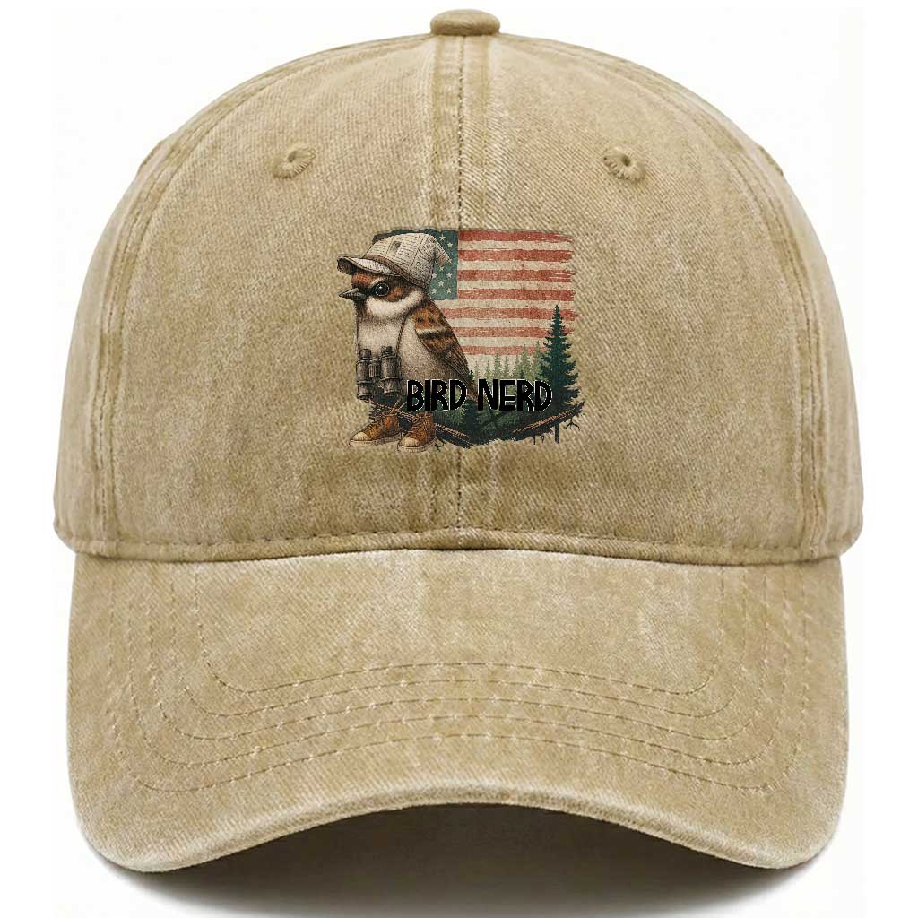 Bird Nerd Washed Cotton Baseball Cap Funny Bird Watching Patriotic American Flag TS14 Washed Cap Universal Fit Khaki Print Your Wear