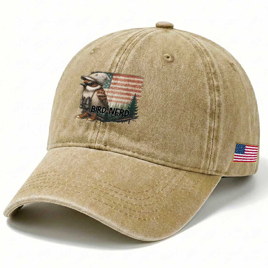Bird Nerd Washed Cotton Baseball Cap Funny Bird Watching Patriotic American Flag TS14 Print Your Wear