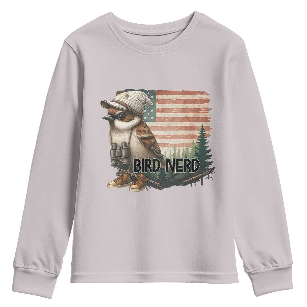 Bird Nerd Youth Sweatshirt Funny Bird Watching Patriotic American Flag TS14 Ice Gray Print Your Wear