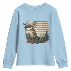 Bird Nerd Youth Sweatshirt Funny Bird Watching Patriotic American Flag TS14 Light Blue Print Your Wear