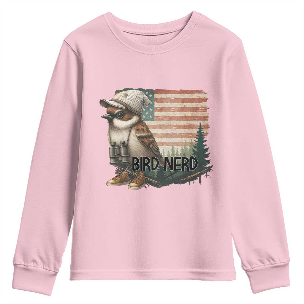 Bird Nerd Youth Sweatshirt Funny Bird Watching Patriotic American Flag TS14 Light Pink Print Your Wear