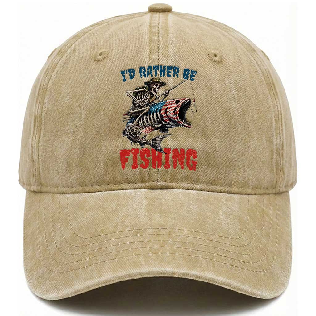 Funny Skeleton Fish Washed Cotton Baseball Cap Id Rather Be Fishing Bass Fisherman Halloween TS14 Washed Cap Universal Fit Khaki Print Your Wear