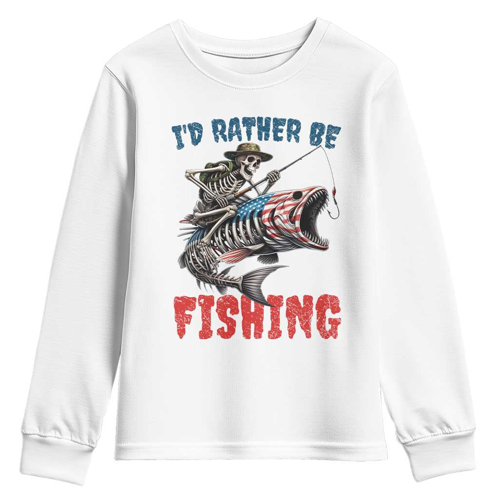 Funny Skeleton Fish Youth Sweatshirt Id Rather Be Fishing Bass Fisherman Halloween TS14 White Print Your Wear