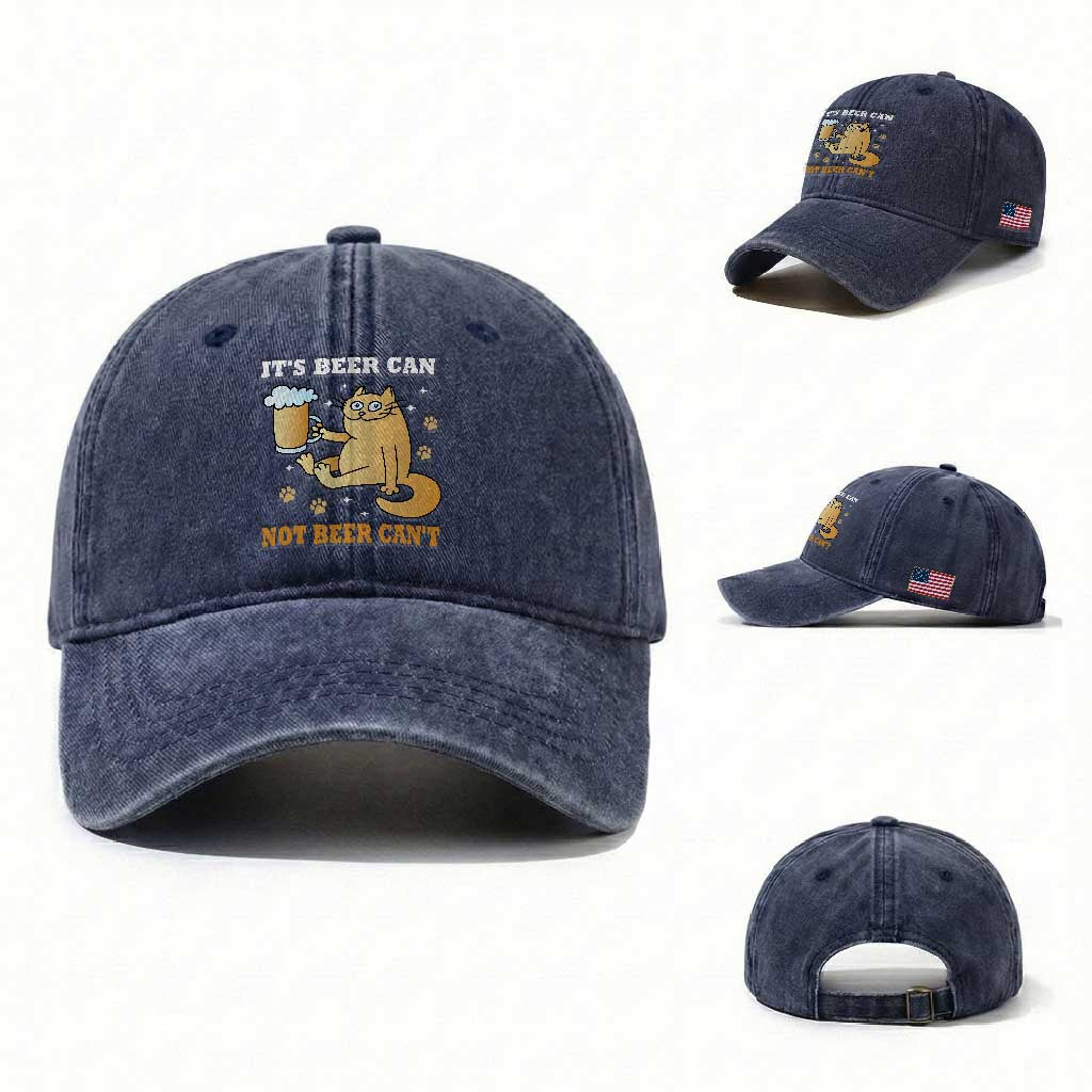 Funny Cat Drinking Beer Washed Cotton Baseball Cap It Is Beer Can Not Beer Can Not Kitty Lovers TS14 Washed Cap Universal Fit Navy Print Your Wear