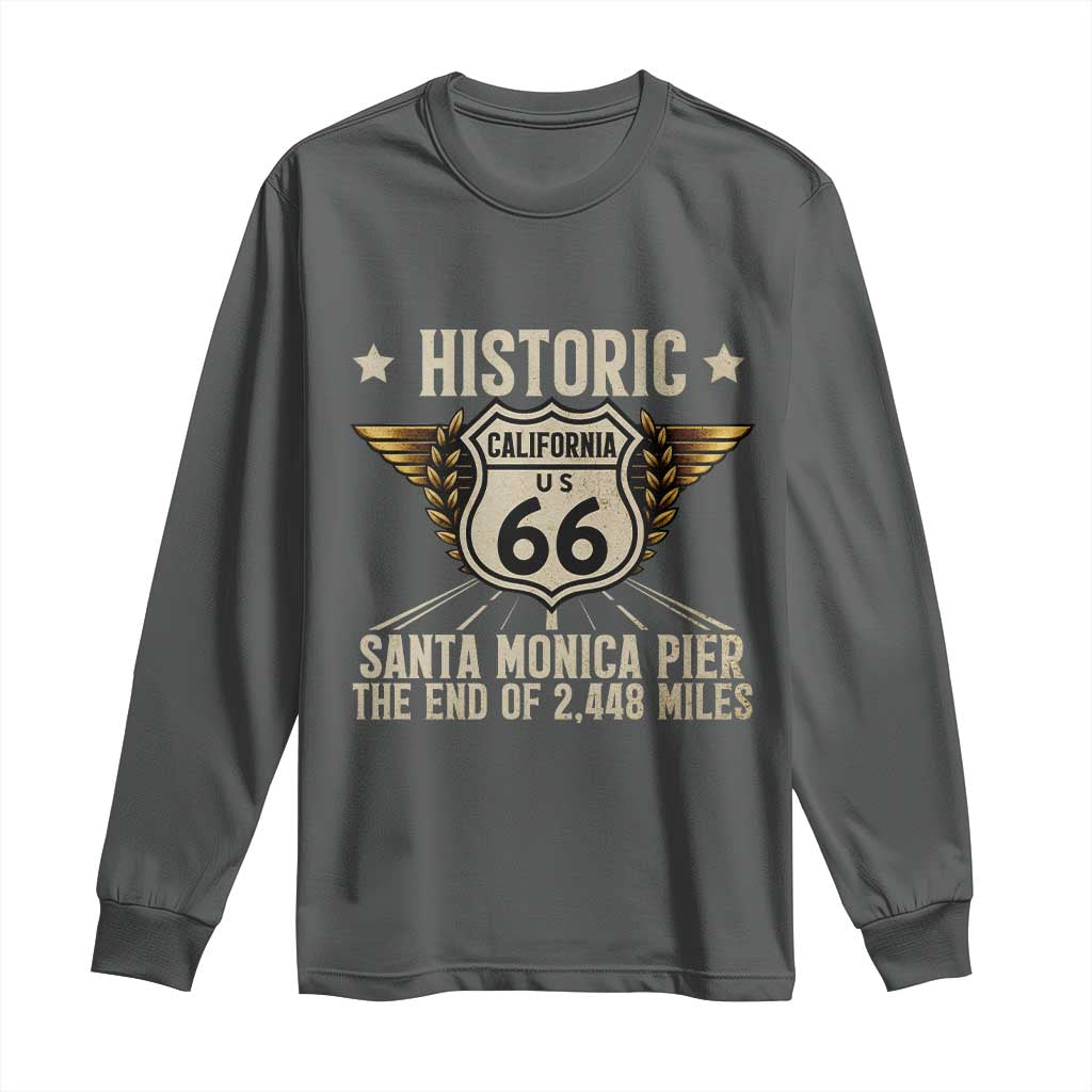 Route Highway 66 Historic California Santa Monica Pier Long Sleeve Shirt TS14 Dark Heather Print Your Wear