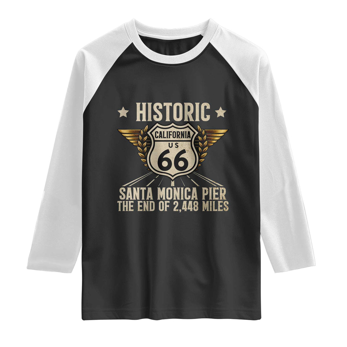 Route Highway 66 Historic California Santa Monica Pier Raglan Shirt TS14 Black White Print Your Wear