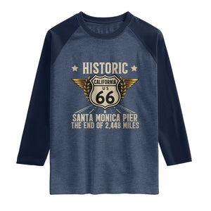 Route Highway 66 Historic California Santa Monica Pier Raglan Shirt TS14 Heather Denim Navy Print Your Wear