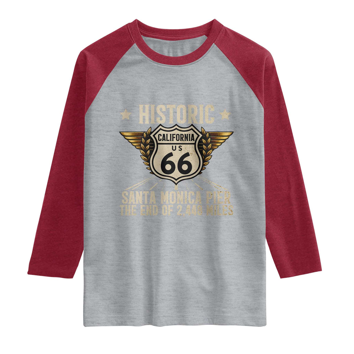 Route Highway 66 Historic California Santa Monica Pier Raglan Shirt TS14 Heather Gray Heather Red Print Your Wear