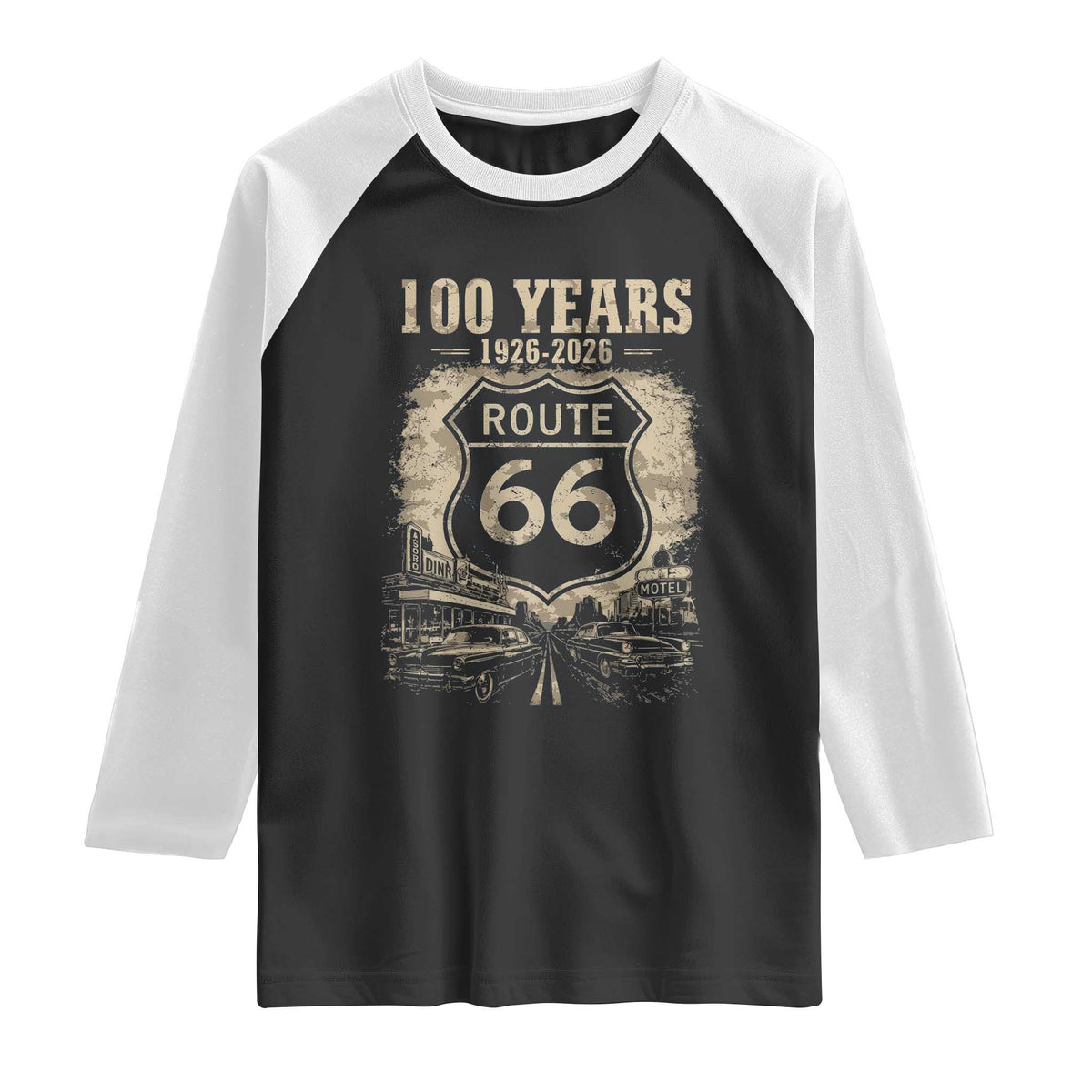 Route Highway 66 100 Year Centennial Anniversary Souvenir Raglan Shirt TS14 Black White Print Your Wear