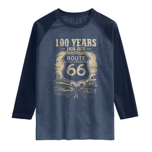 Route Highway 66 100 Year Centennial Anniversary Souvenir Raglan Shirt TS14 Heather Denim Navy Print Your Wear