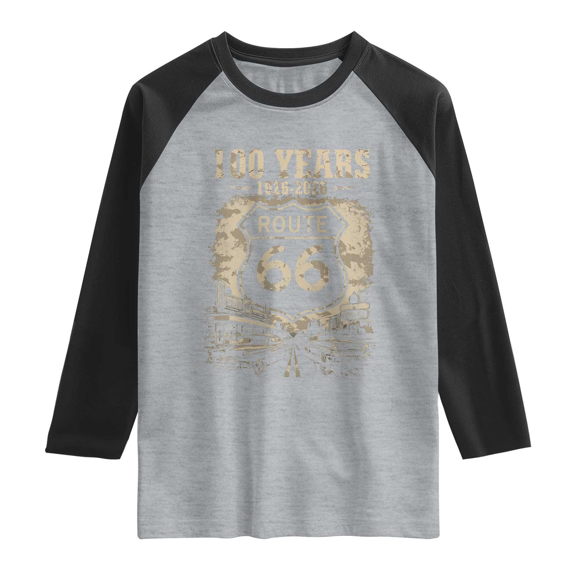 Route Highway 66 100 Year Centennial Anniversary Souvenir Raglan Shirt TS14 Heather Gray Black Print Your Wear