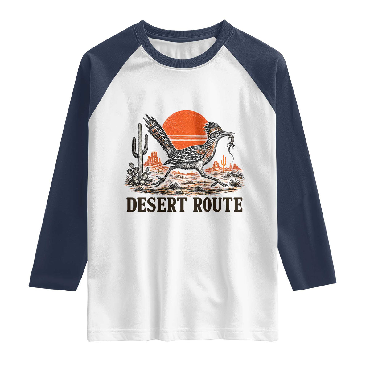 Arizona Roadrunner Bird Desert Landscape Cactus Raglan Shirt TS14 White Navy Print Your Wear