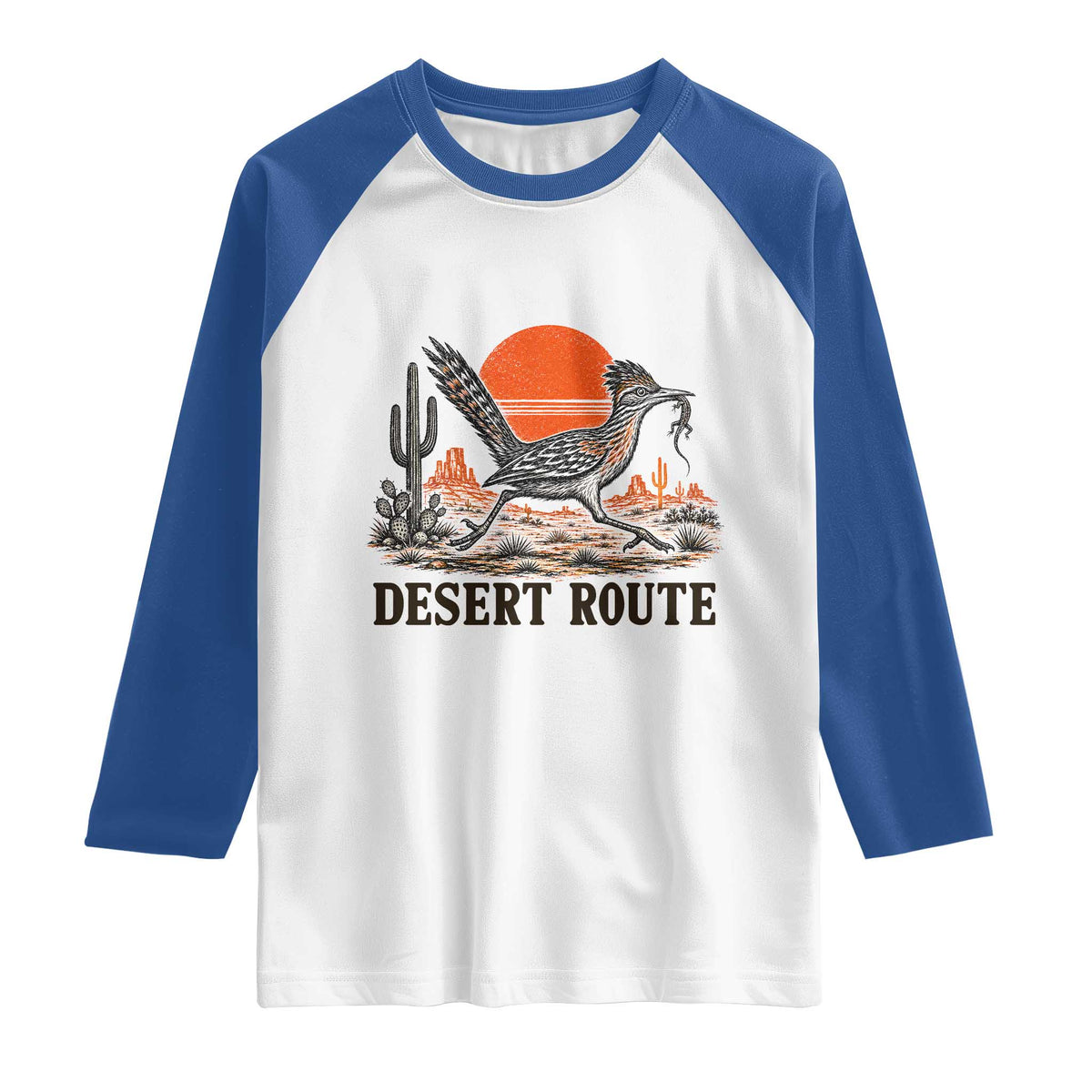 Arizona Roadrunner Bird Desert Landscape Cactus Raglan Shirt TS14 White Royal Print Your Wear