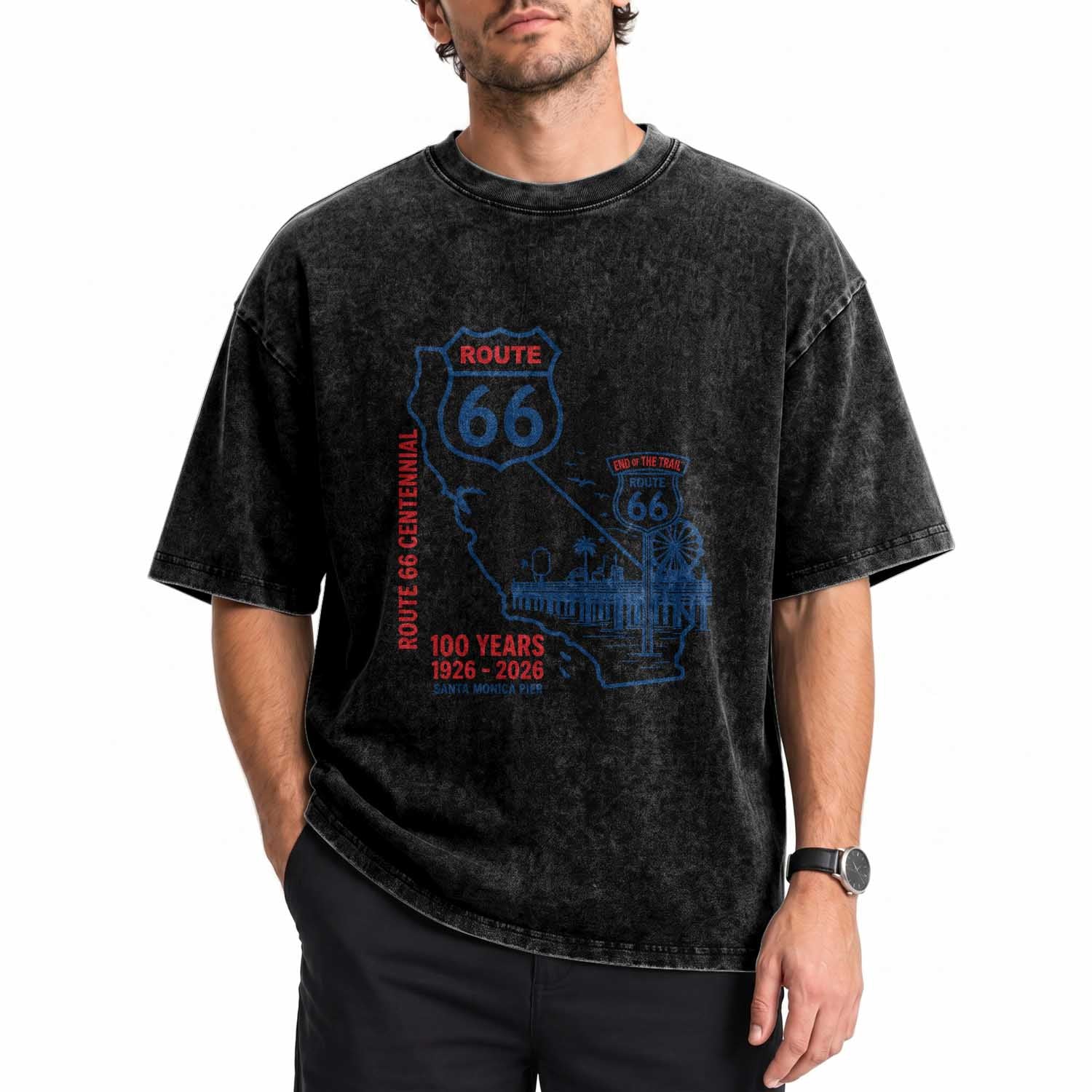 Route Highway 66 Santa Monica End of the Trail Washed Cotton T-Shirt California Road Trip Travel 100th Anniversary 2026