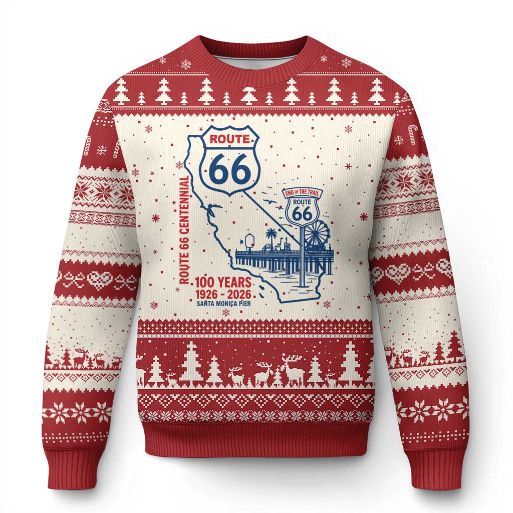 Route Highway 66 Santa Monica End of the Trail Ugly Christmas Sweater California Road Trip Travel 100th Anniversary 2026