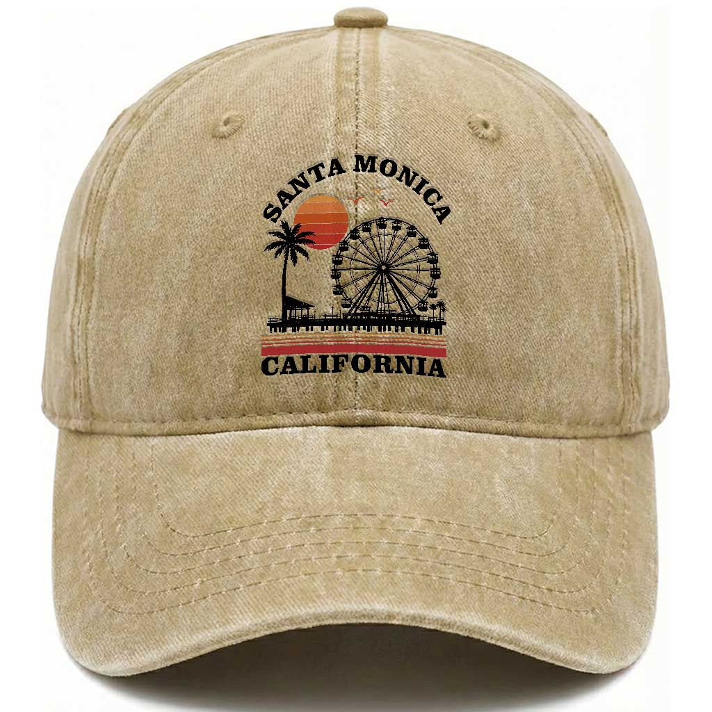 Santa Monica California CA Pier Washed Cotton Baseball Cap California Sunset Beach Souvenir Travel