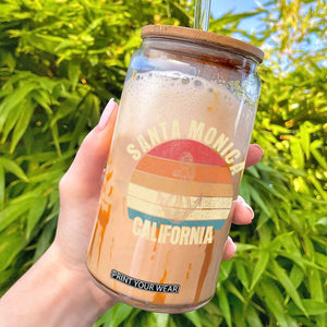Santa Monica CA California Sunset Beach Souvenir Travel Glass Can