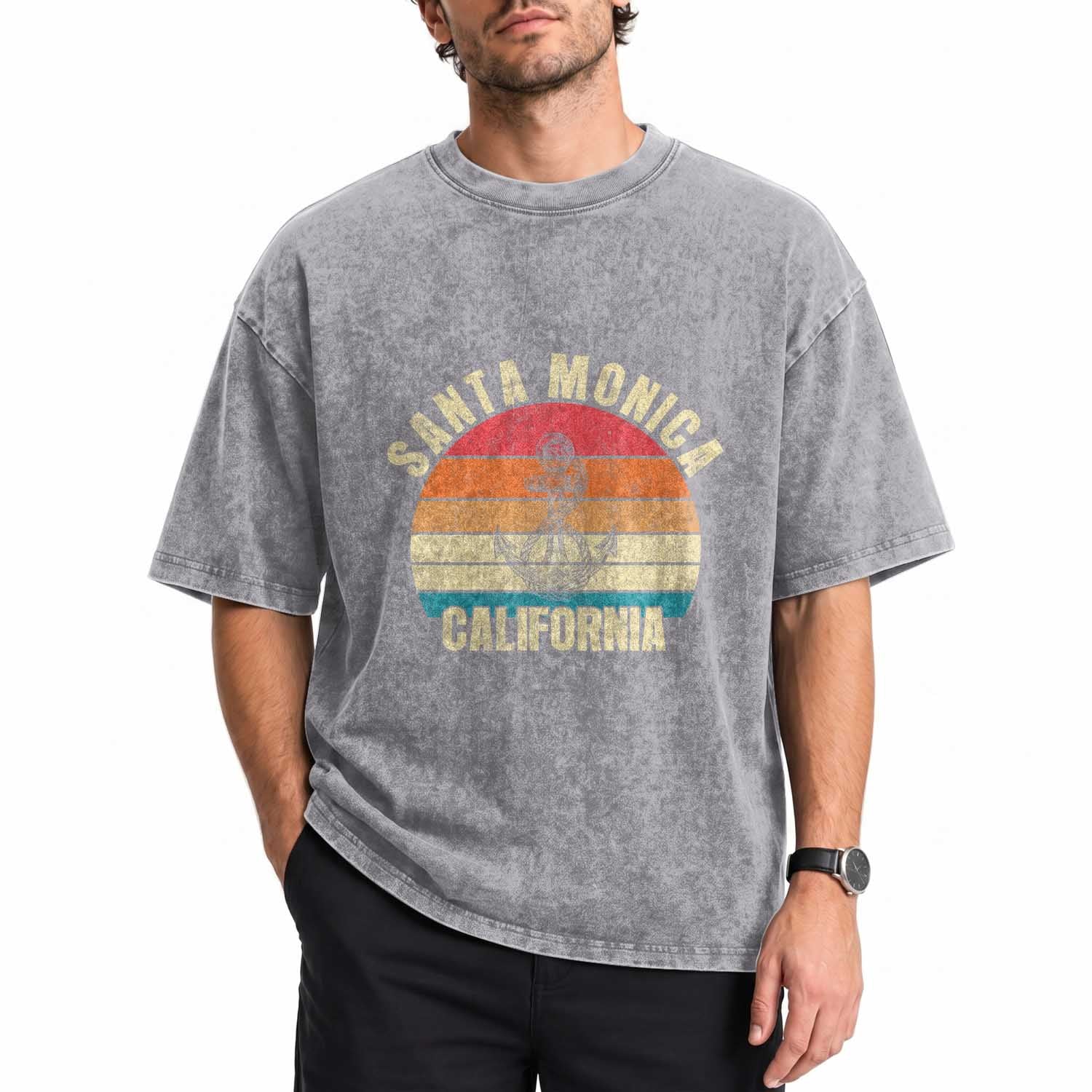 Santa Monica CA California Sunset Beach Souvenir Travel Washed Cotton T-Shirt