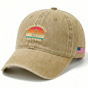Santa Monica CA California Sunset Beach Souvenir Travel Washed Cotton Baseball Cap