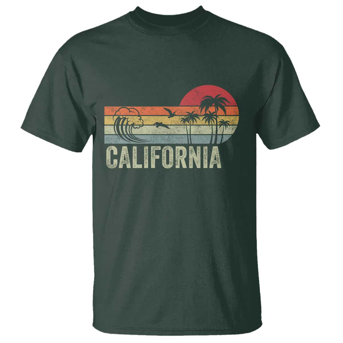 Retro California Beach Shirt, Vintage Cali Sunset Tee T Shirt TS14 Dark Forest Green Print Your Wear