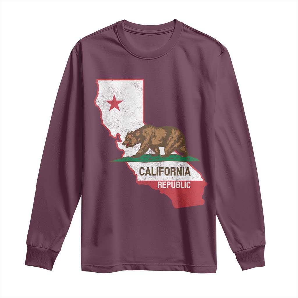 California Republic Cali Map Flag Distressed Style Long Sleeve Shirt TS14 Maroon Print Your Wear