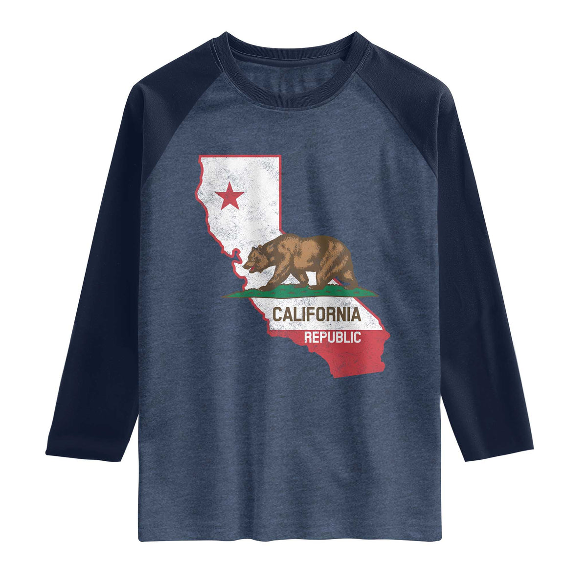 California Republic Cali Map Flag Distressed Style Raglan Shirt TS14 Heather Denim Navy Print Your Wear
