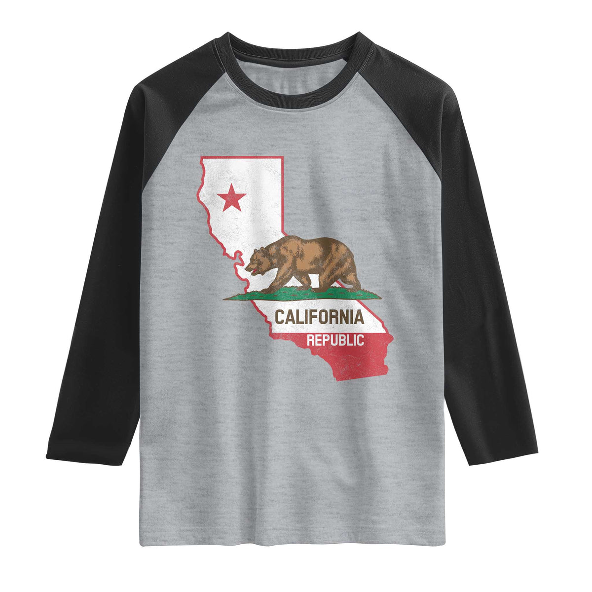 California Republic Cali Map Flag Distressed Style Raglan Shirt TS14 Heather Gray Black Print Your Wear