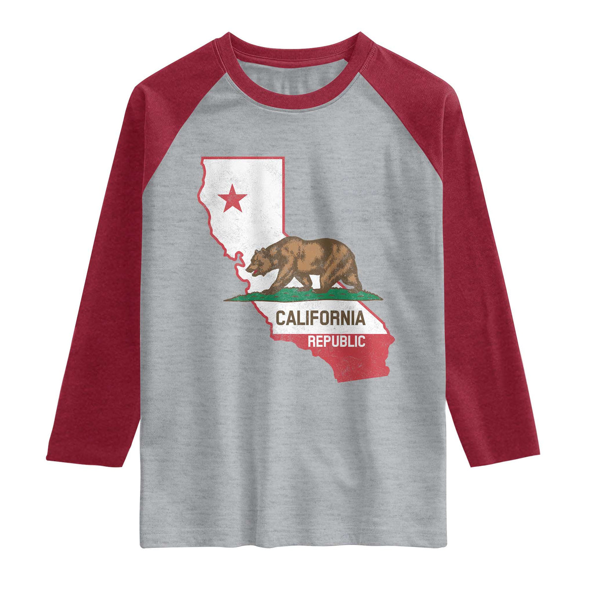 California Republic Cali Map Flag Distressed Style Raglan Shirt TS14 Heather Gray Heather Red Print Your Wear