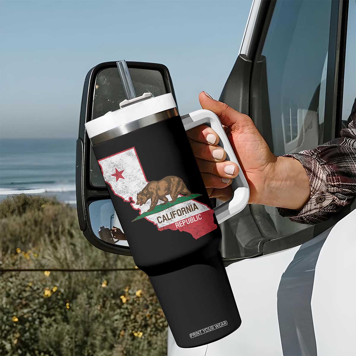 California Republic Cali Map Flag Distressed Style Tumbler With Handle TS14 Print Your Wear