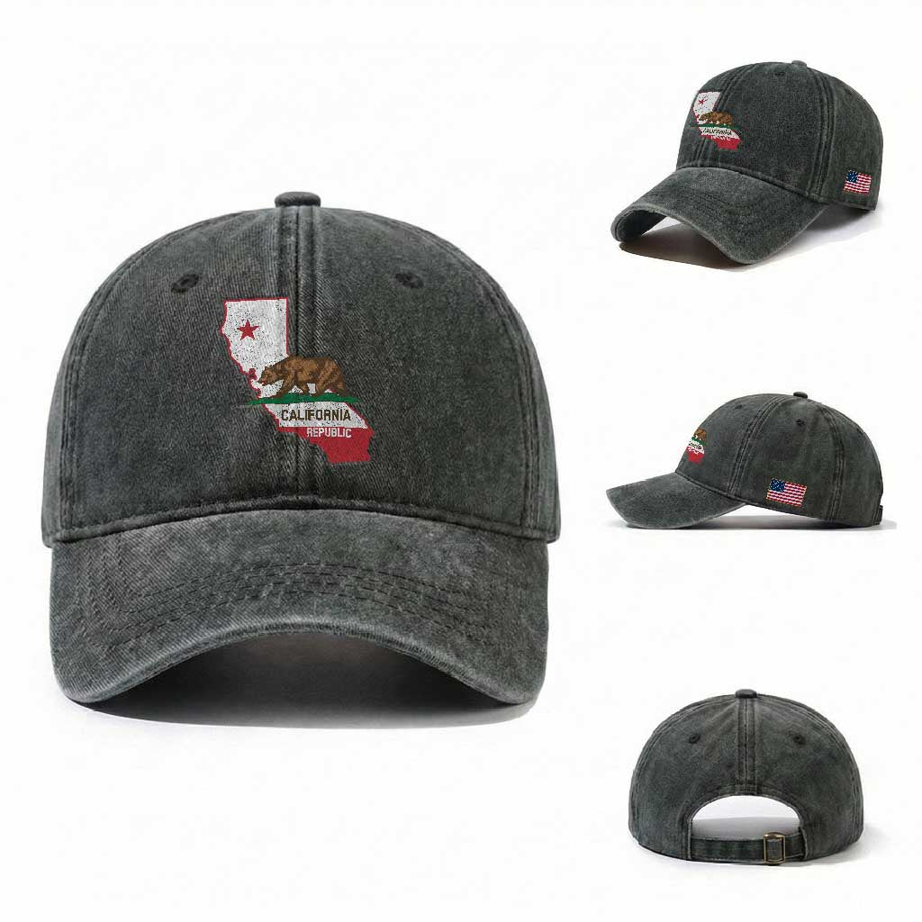 California Republic Cali Map Flag Distressed Style Washed Cotton Baseball Cap TS14 Washed Cap Universal Fit Dark Green Print Your Wear