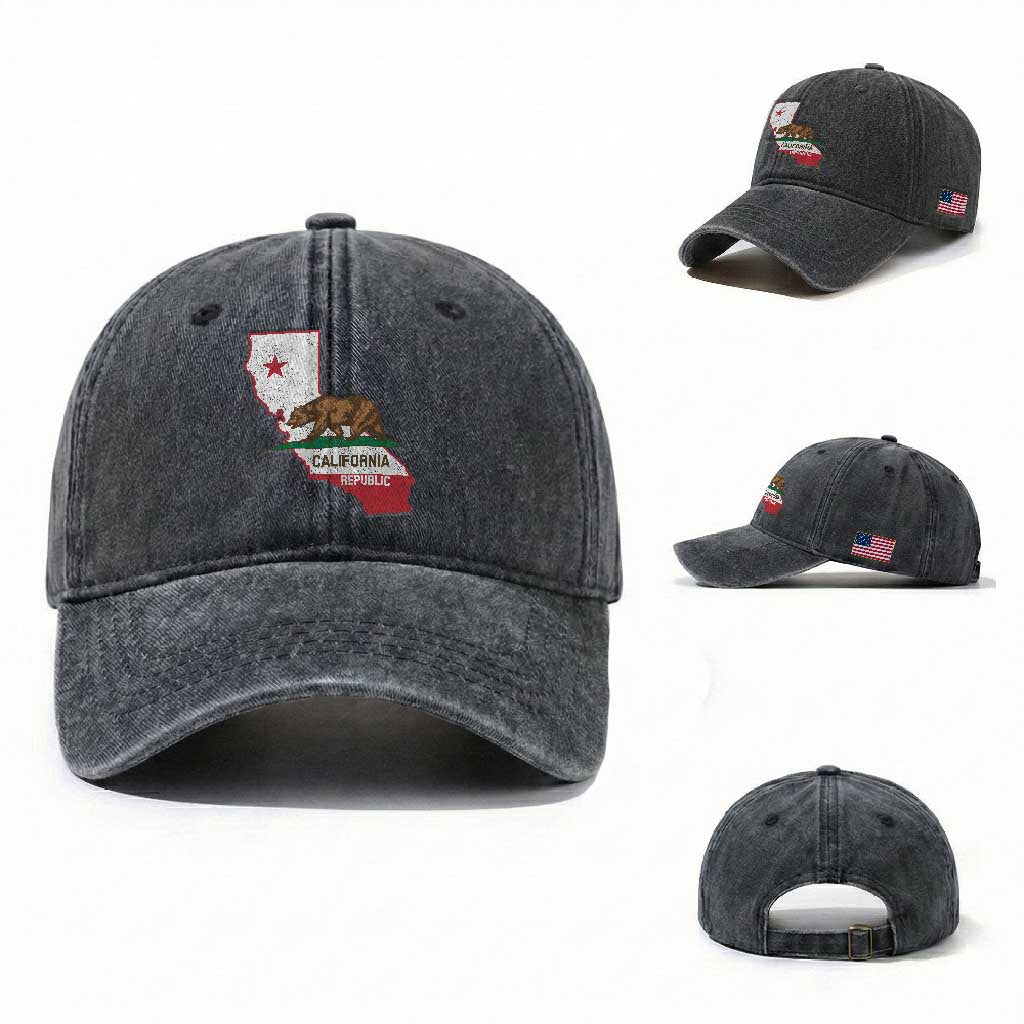 California Republic Cali Map Flag Distressed Style Washed Cotton Baseball Cap TS14 Washed Cap Universal Fit Dark Gray Print Your Wear