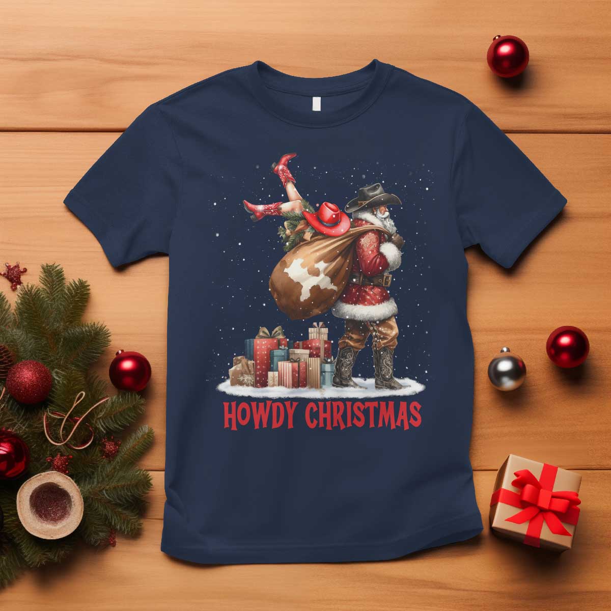 Cowboy Santa Christmas T Shirt Funny Western Xmas TS14 Navy Print Your Wear